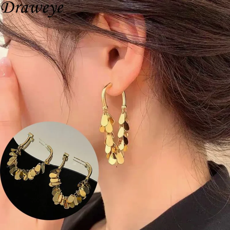 

Draweye Earrings for Women Metal Sequins Tassels Korean Fashion Vintage Jewelry Office Lady Elegant Gold Color Aretes De Mujer