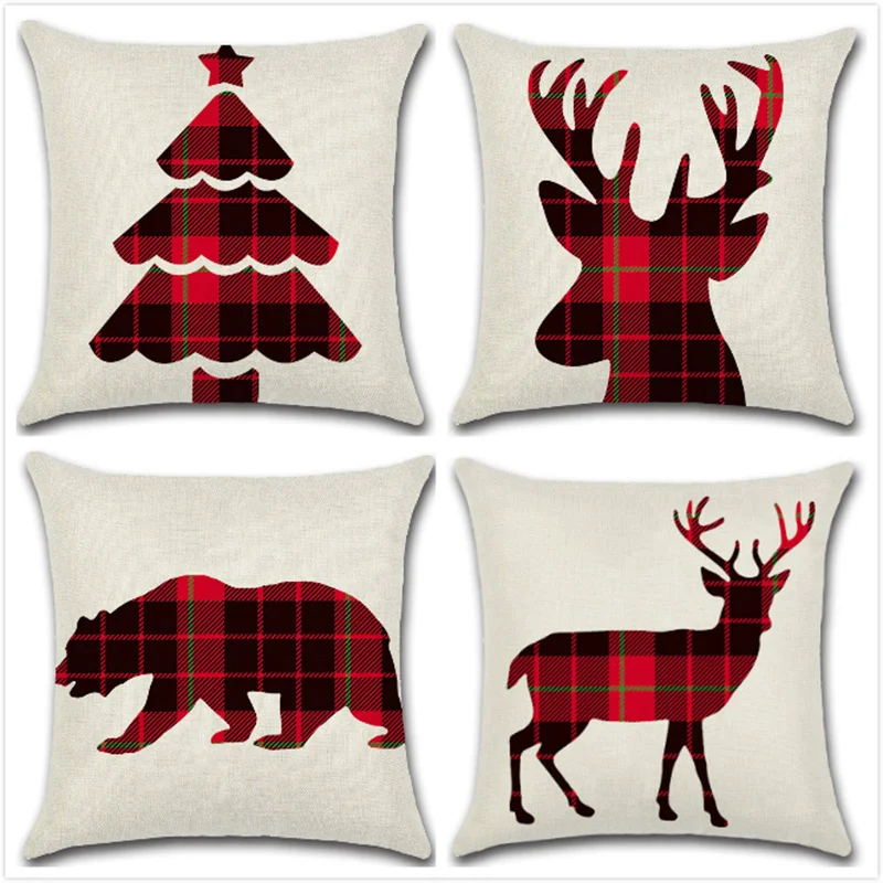 

Christmas Cushion Cover Red Plaid Pillow Cover Reindeer Elk Pillowcase 45*45cm Sofa Xmas Decoration For Home Car Fundas Cojines