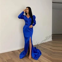 caroline mermaid elegant engagement evening dress 2022 v neck long sleeves prom gowns satin with buttons slit party custom made
