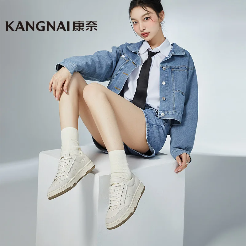 Kangnai Women Sneakers Lace-Up Mixed Colors Cow Leather Casual Shoes Comfortable Female Tennis Flats