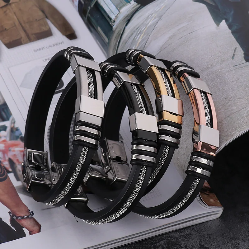 20PCS Stainless Steel Blank ID Tags Silicone Bangles For Engraving Leather Braid Bracelet With Metal Plate To Record