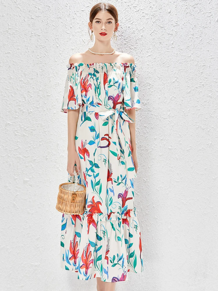 

European and American fashion loose shoulder short sleeve Bohemian travel beach style print loose large size long dress