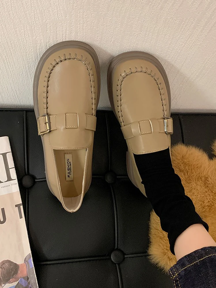 

Casual Woman Shoe Slip-on All-Match Clogs Platform Round Toe Female Footwear Oxfords Slip On Creepers Dress Leather New Retro Ma