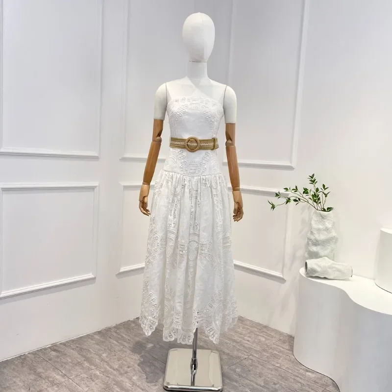 

2023 Summer Autumn White Linen Chest Wrapping Lace Belt Sleeveless Midi Tube Dress for Women Fashion