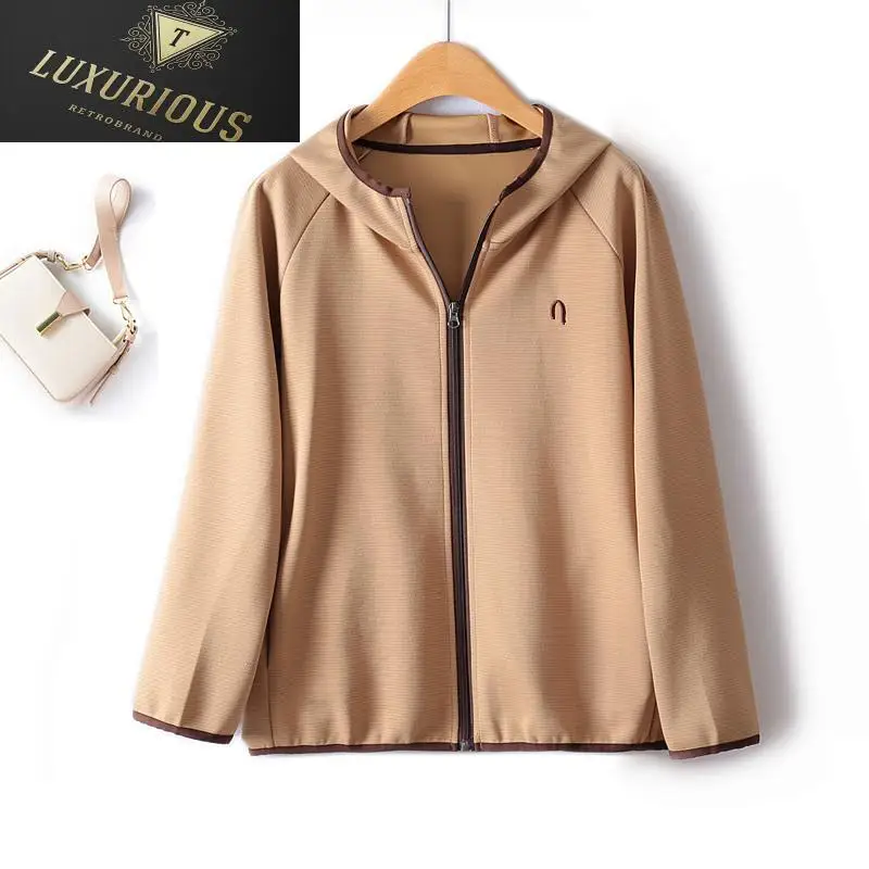 

Casual Sports Autumn Jackets For Women 2023 New Patch Strips Contrast Color Hooded Straight Elastic Cardigan Sweater Windbreaker