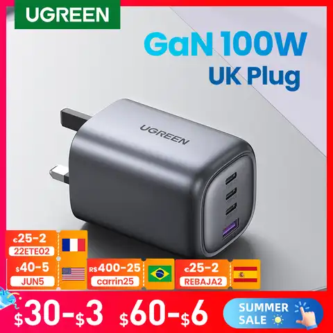 UGREEN британская вилка GaN 100 Вт 65 Вт быстрое зарядное устройство для планшета Macbook Быстрая зарядка для iPhone Xiaomi USB Type C PD Зарядка для iPhone 13