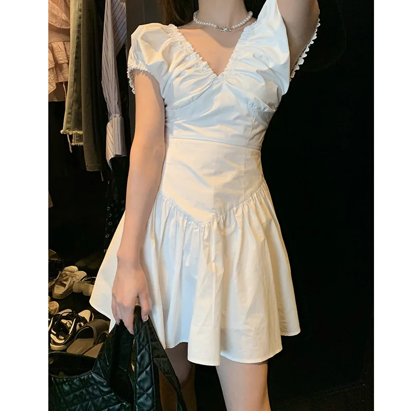 

Белое платье с V-образным вырезом и пышными рукавами, элегантное женское платье, модель 2023 года, популярное вечернее платье в Корейском стиле, женская одежда