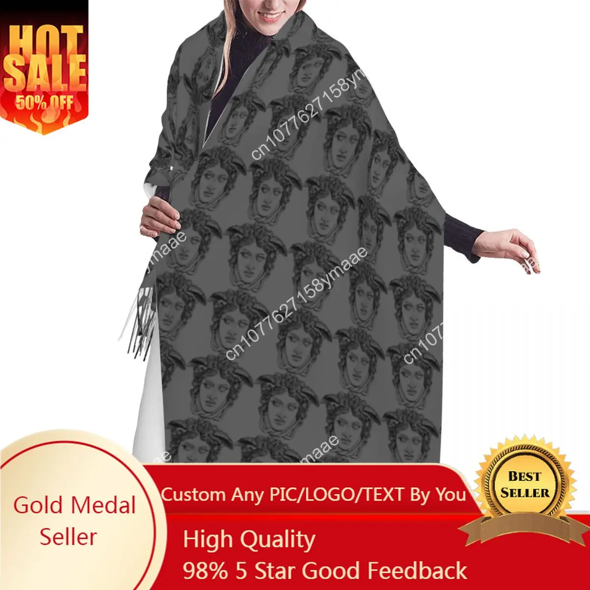 

Custom Luxury Greek Myth Gorgons Medusa Head Tassel Scarf Women Winter Warm Shawl Wrap Ladies Versatile Female Scarves