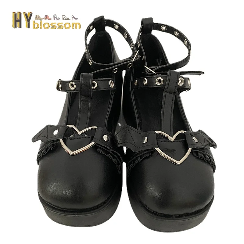 

new Sweet Heart Buckle Wedges Mary Janes Women Pink T-Strap Chunky Platform Lolita Shoes Woman Punk Gothic Cosplay Shoes 43