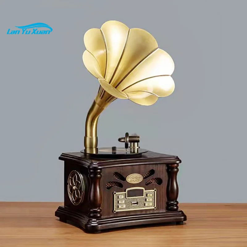 Best Antique Phonograph Player Portable Vinyl Record Player Turntable Blue Tooth Speaker Vintage Wooden Home Speakers with Horn