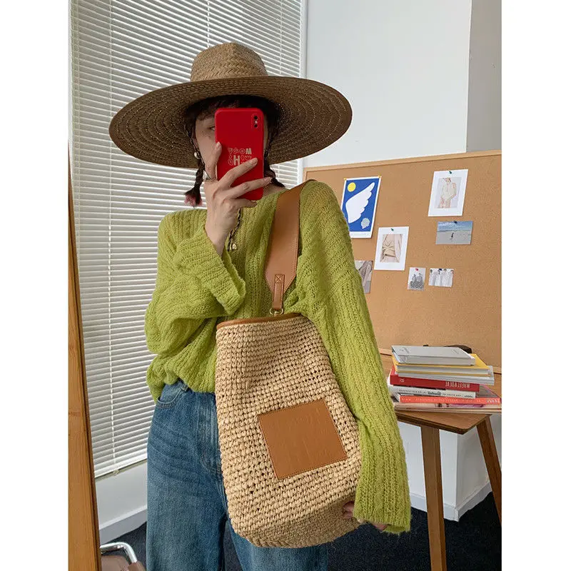 Модная женская Соломенная Сумка raffia летняя богемная Большая вместительная сумка