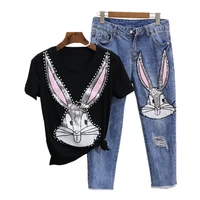 denim suit new sequin cartoon rabbit short sleeved t shirt ripped nine point jeans casual ladies cotton t shirt pants suits