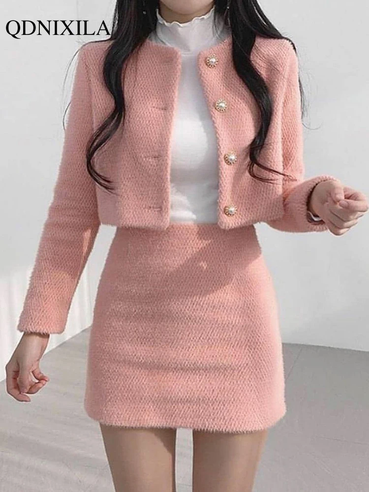 

2023 Spring Summer Korean Fashion Sweet Women's Suit with Skirt Two Piece Set for Women Dress Sets Matching Outfit Elegant Tweed
