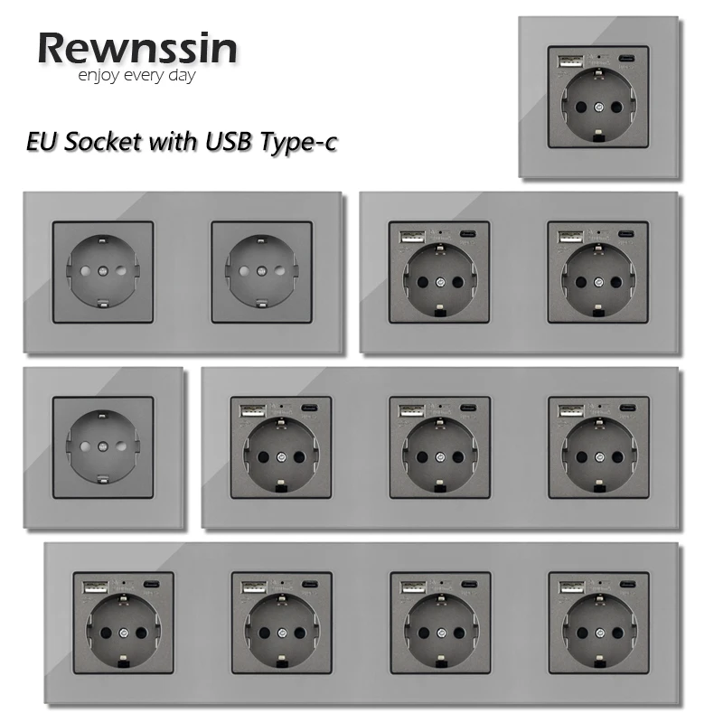 Купи Rewnssin Switch DE/EU Standard Type C Socket Silver With Crystal Glass Frame Power Eletricity Multiple Plug with Usb for Phone за 328 рублей в магазине AliExpress
