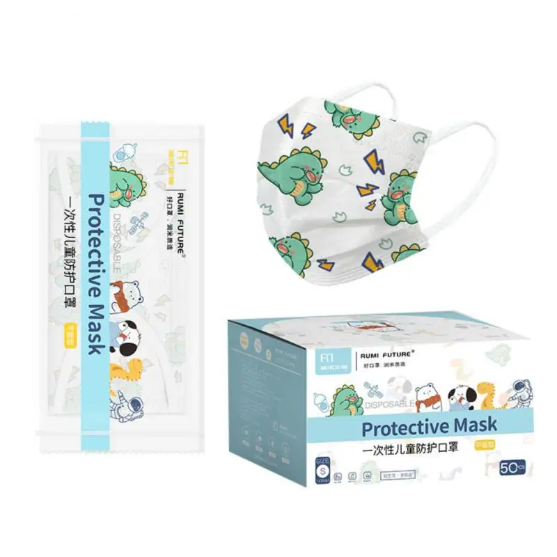 

50PCS Baby Disposable Protection Mask 4 Layer Cartoon dinosaur print Face Mask With Nose Strip Bay Kids Earloop Bandage Masques