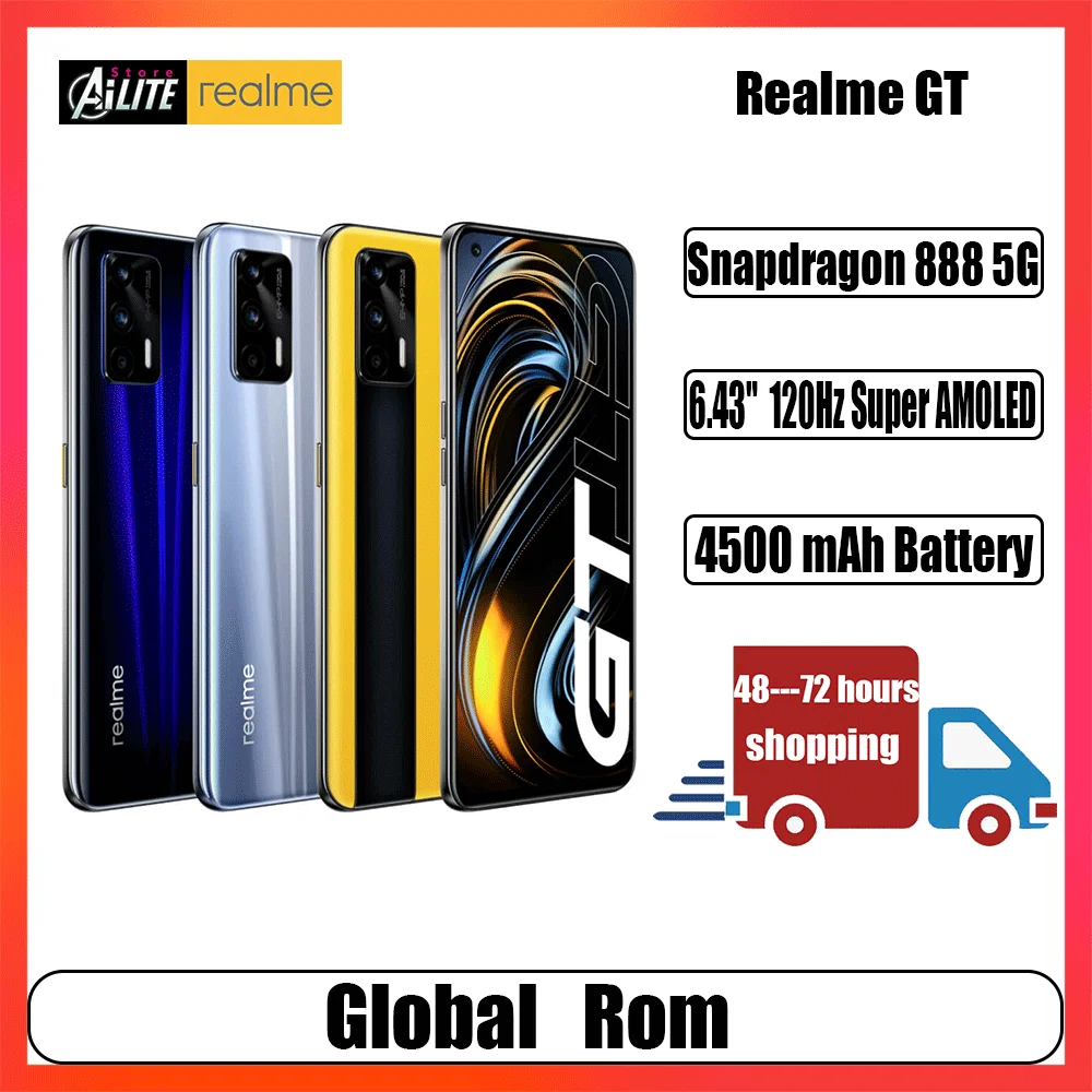 

Global Rom Realme GT 5G cellphone Qualcomm Snapdragon 888 5G smartphone 120Hz 6.43" FHD+ AMOLED65W Super Dart Charge 64MP Camera
