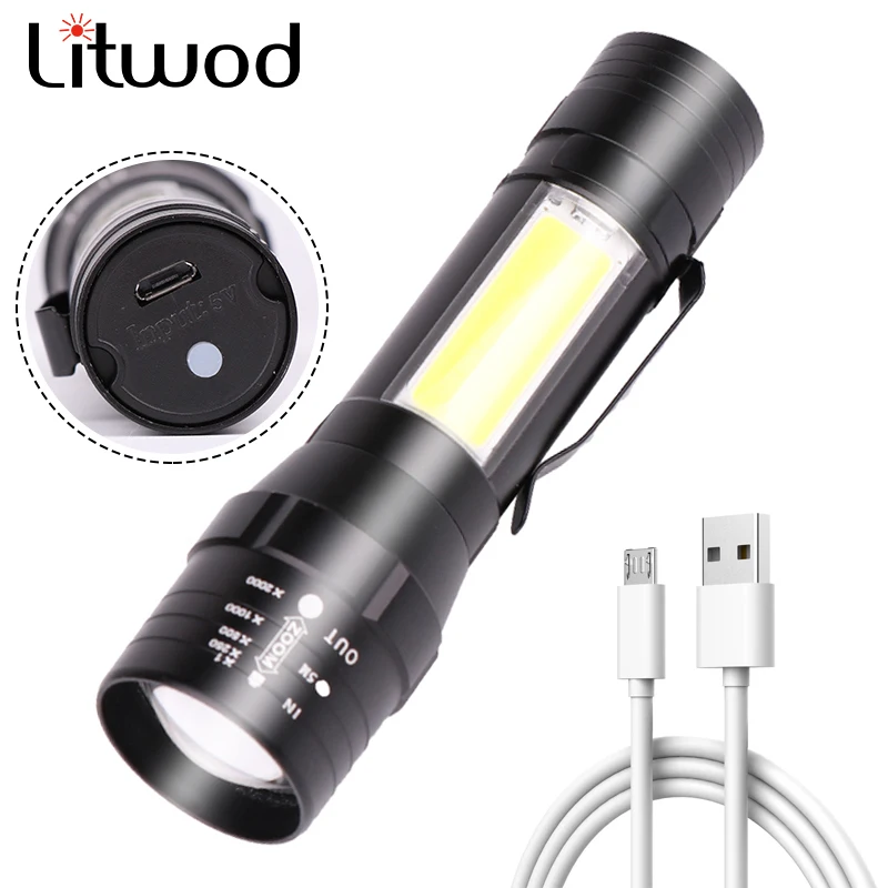 

XM-L T6 LED Flashlight Built-in 18650 Battery COB Zoomable Torch USB Rechargeable Lantern for Camping Light Aluminum 10W