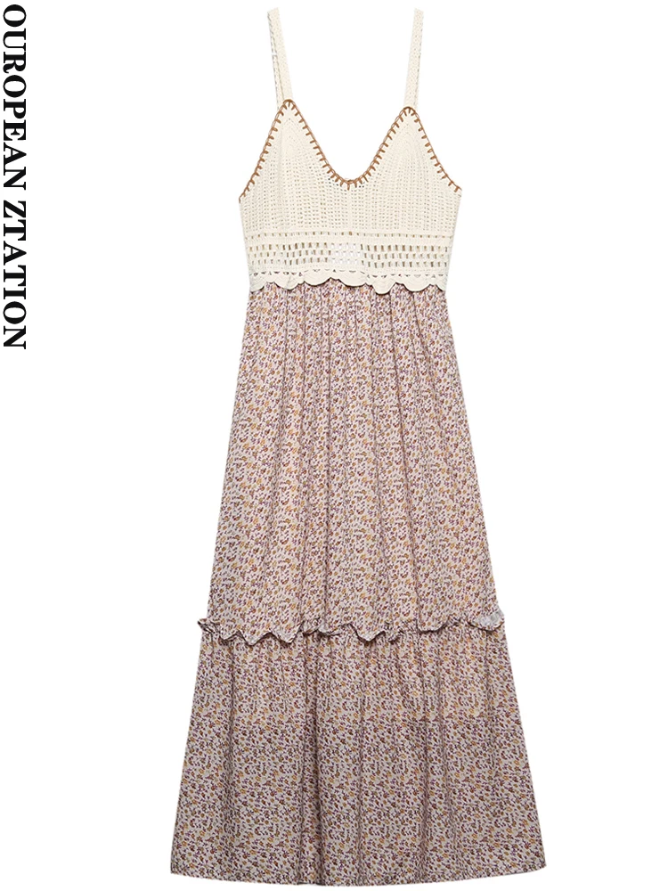 

PAILETE Women 2022 fashion crochet patchwork print midi dress vintage backless thin straps female dresses vestidos mujer