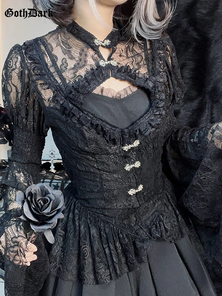 

Goth Dark Lace Mall Gothic See Through Women Blouses Grunge Aesthetic Flare Sleeve Black Shirts Vintage Slim Alternative Clothes