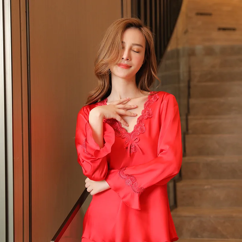 Women's Stain Silk Pajamas 2pcs Home Clothes Set Summer Trumpet Sleeve V-neck Tops Loose Sleepwear Trousers Pajamas for Women