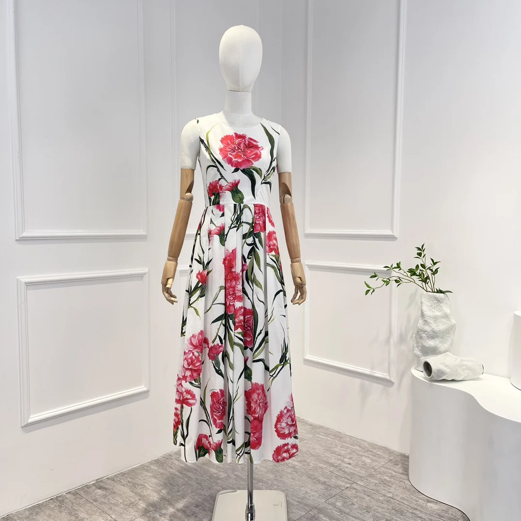 

New Arrival 2023 High Quality Pure Cotton White Spring Summer Tulip Printing Sleeveless Pleat Woman Vintage Midi Dress