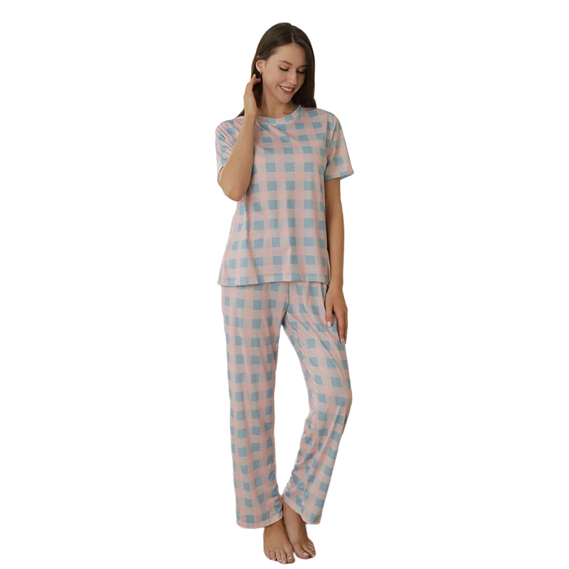 

New Classic Plaid Pajamas Set Summer Women Nightwear Short Sleeve Minimalist Loose Sleepwear Homewear Suit FDESWA1