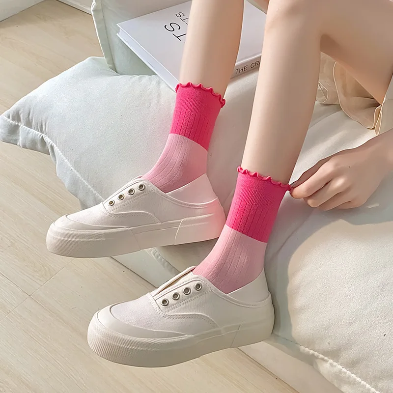2 Pairs Of Girls' Mid-tube Socks Summer Thin Breathable Solid Cotton Ladies Cream Style Patchwork