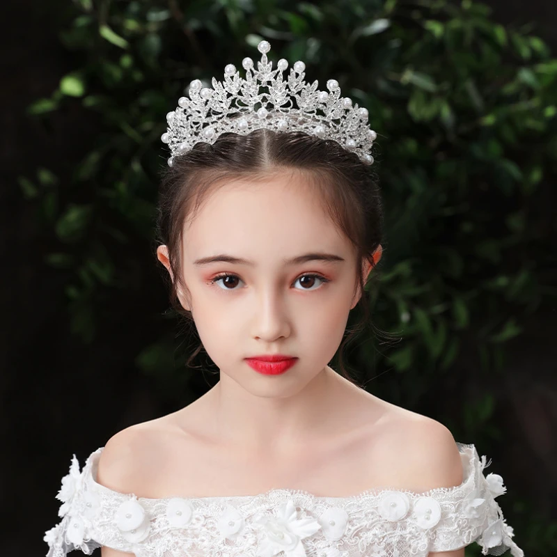 

Vintage Silver Flower Girls Crown Glitter Pearls Rhinestone Head Jewelry Luxury Birthday Wedding First Communion Headband