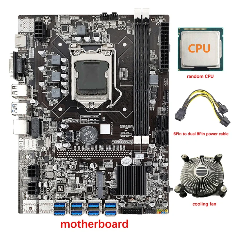 

8 GPU B75 Mining Motherboard+CPU+Fan+6Pin Power Cable 8 USB3.0 To PCIE 1X Slot LGA1155 2X DDR3 RAM SATA3.0 For BTC/ETH