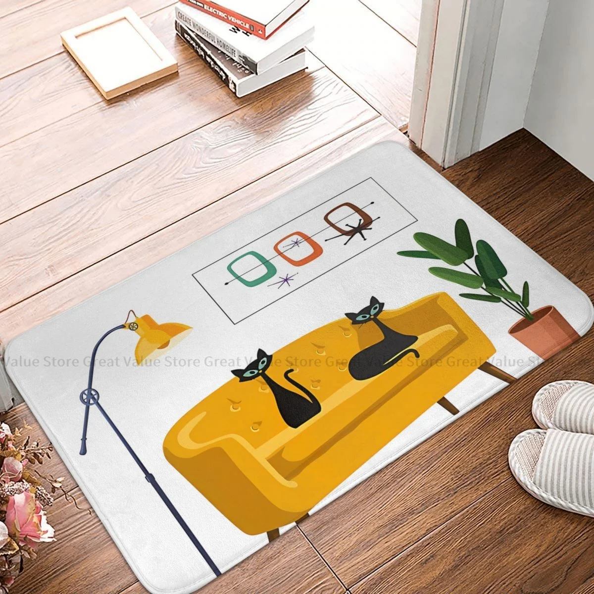 

Коврик для ванной с изображением милого века, черный котенок, животное, желтый коврик в стиле ретро для дивана, Придверный коврик, ковер для гостиной, уличный коврик, украшение для дома