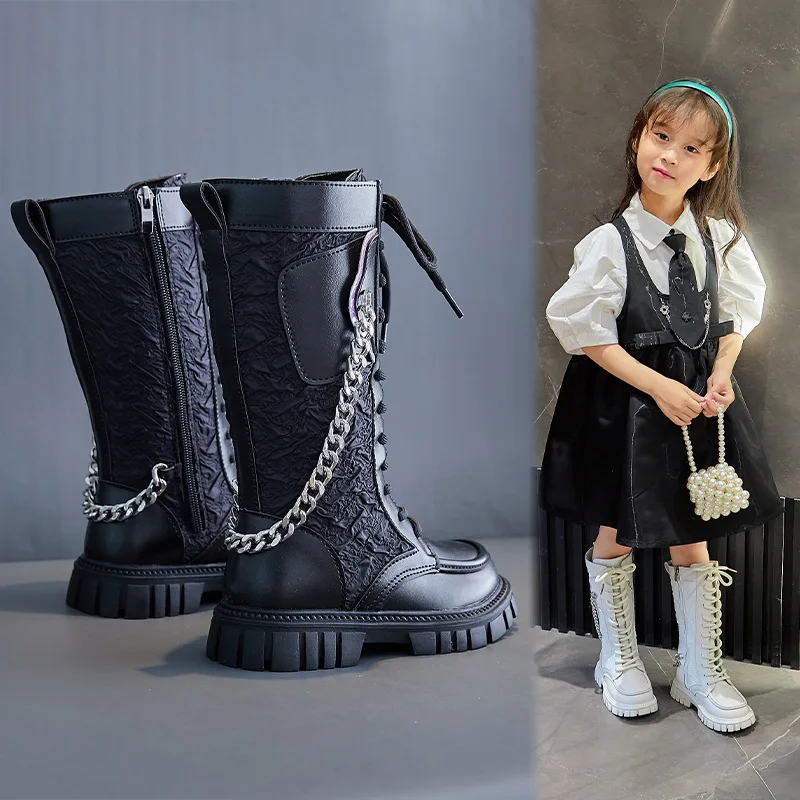 

TX21 Children Long Boots Girl Autumn Non-slip Soft Sole Fashion Knee High British Style The Chain Princess Leather Bota Infantil