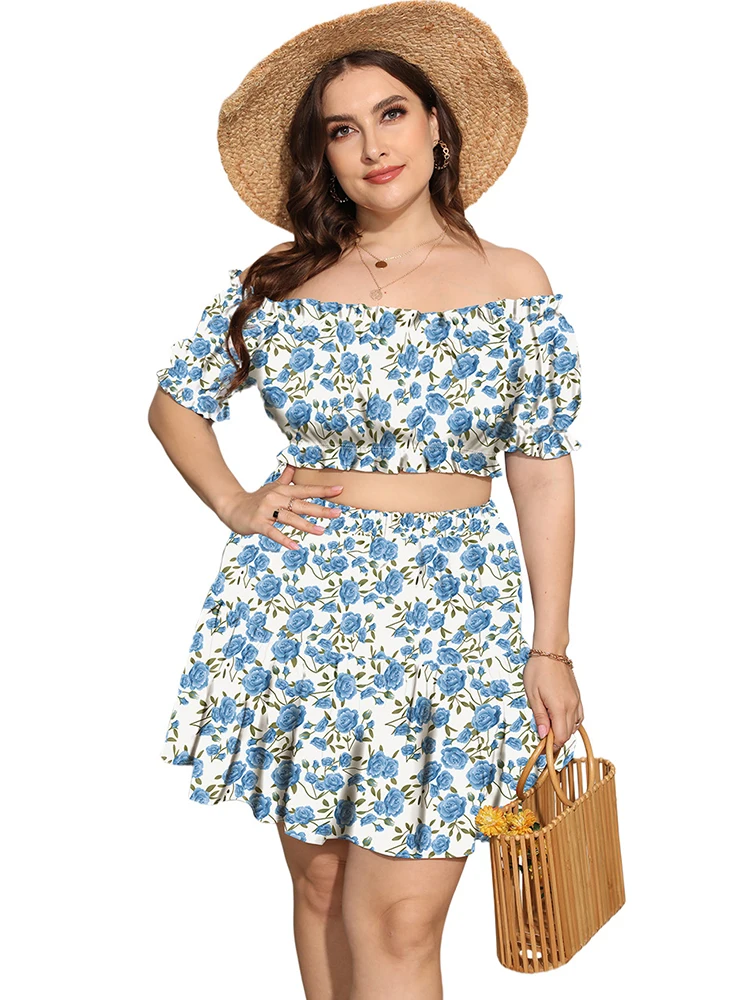

ZJFZML ZZ Women Clothing Plus Size Two Piece Dress Sets Floral Leaves Print Crop Top Pleated Ruffle Skirt Dropshipping Wholesale