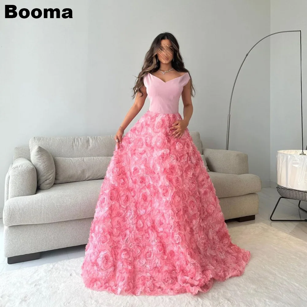 

Booma Pink 3D Flowers Floral Tulle Prom Dresses Off the Shoulder Long Sleeves A-Line Saudi Arabic Evening Gowns Formal Dress