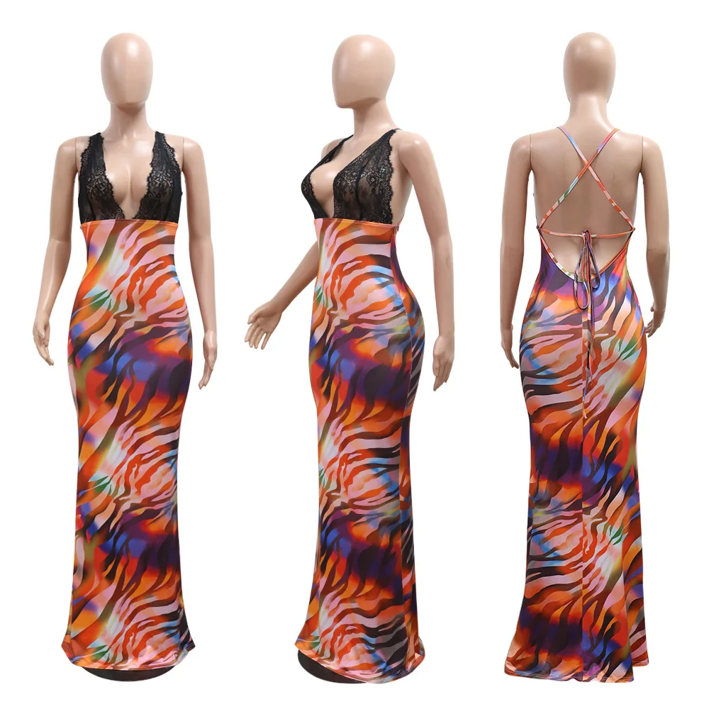 Платье женское длинное кружевное с открытой спиной и V-образным вырезом