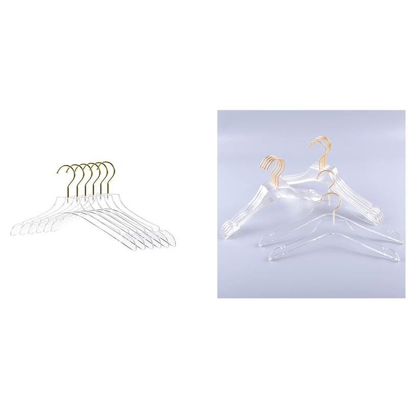 5 Pcs Clear Clothes Hangers With Gold Hook, Transparent Shirts Dress Coat Hanger With Notches For Lady Kids