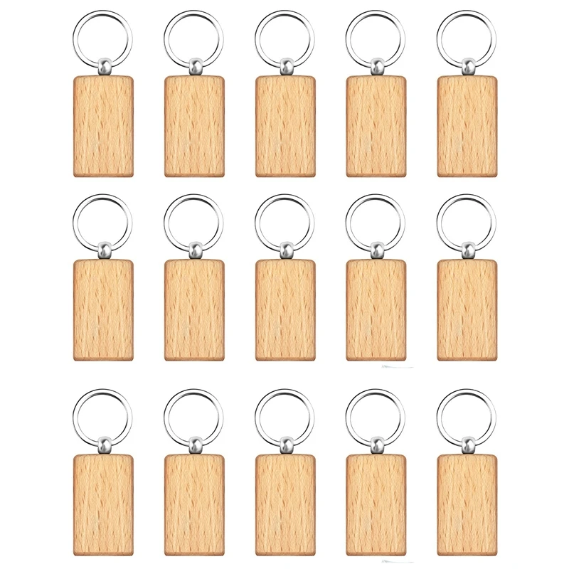 

15 Pcs Wooden Key Ring DIY Rectangle Personalized Wood Key Ring Blank Wooden Key Chain Natural Wooden Key Ring