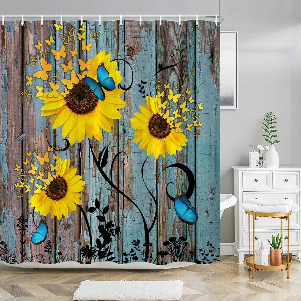 

Rustic Shower Curtain Set Grey Floral Fabric Bath Curtain Butterfly Daisy American Country Farm Style Bathroom Decor with Hooks