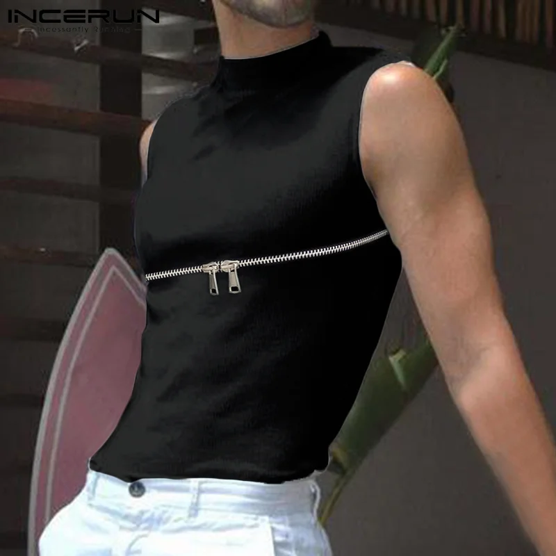 

Summer Men Tank Tops Solid Color Zipper Turtleneck Sleeveless Casual Vests Streetwear 2023 Fashion Men Clothing S-5XL INCERUN