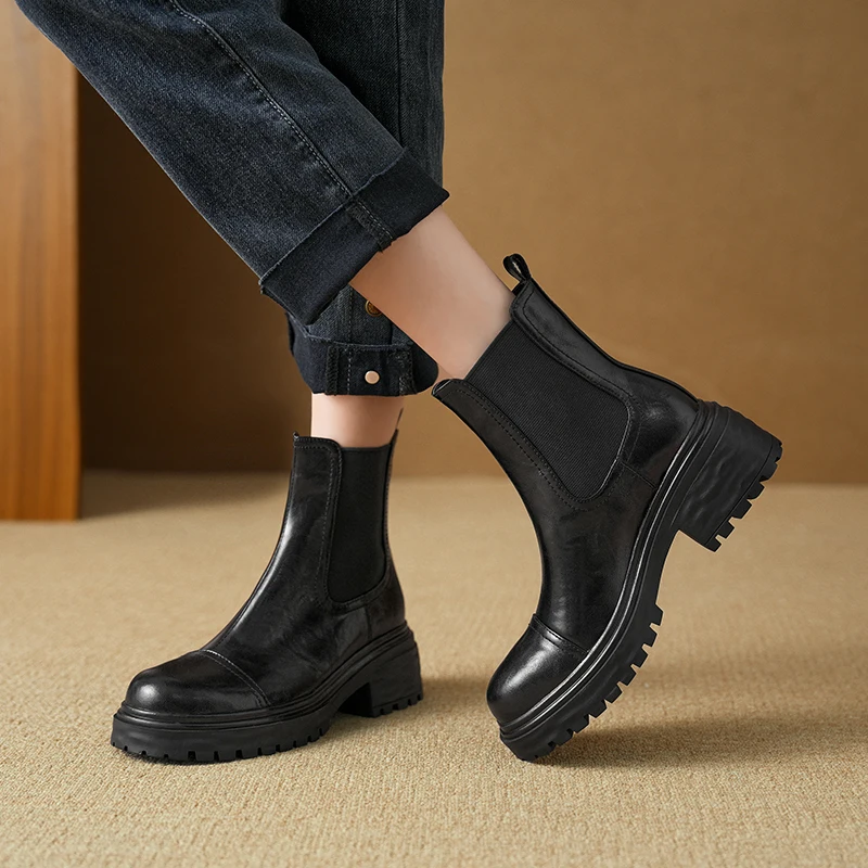 Women's Classic Winter Leather Chelsea Boots with Chunky Lug Sole Round Cap Toe and Elasticized Sides for Easy Slip-On