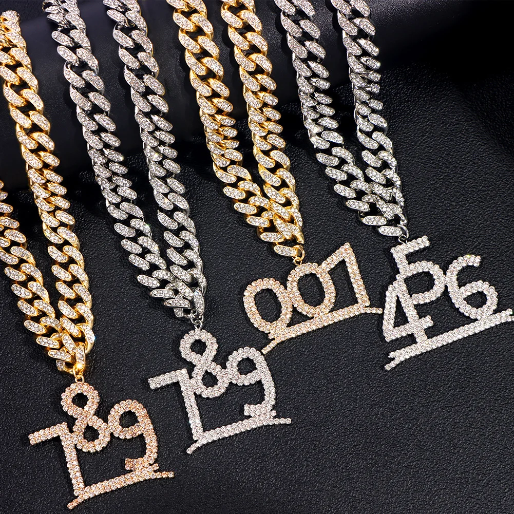 

Men Hip Hop Cuban Link Chain Numbers Pendant Necklace Bling Full Rhinestone Iced Out Bling Miami Cuba Choker Necklaces Jewelry