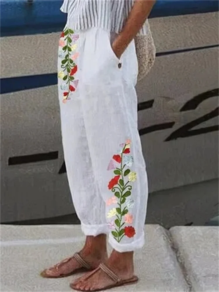 

Брюки женские хлопково-льняные с цветочным принтом и карманами