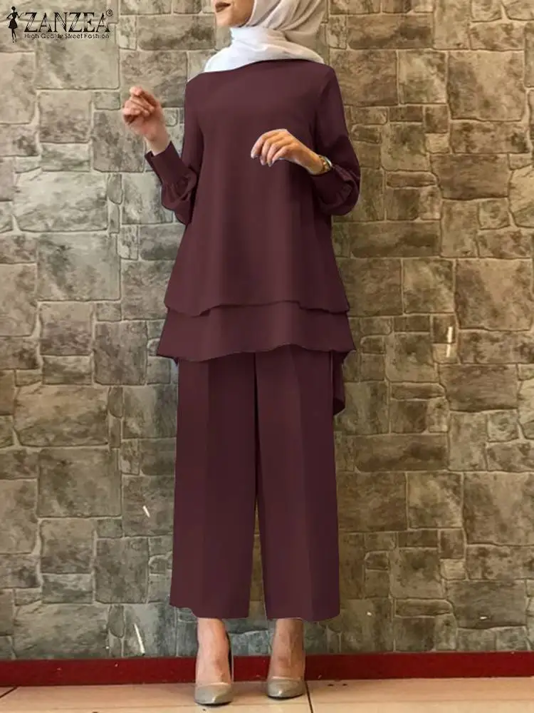 

2023 ZANZEA Muslim Vintage Office Outfits Fashion Suit Solid Color Long Sleeve Blouse Wide Leg Pant Sets Abaya Kaftan Casual Set