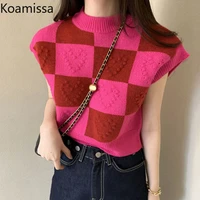 koamissa women knitted sweet cropped tops short sleeves stand collar patchwork outwear tshirt korean sweater dropshipping 2022