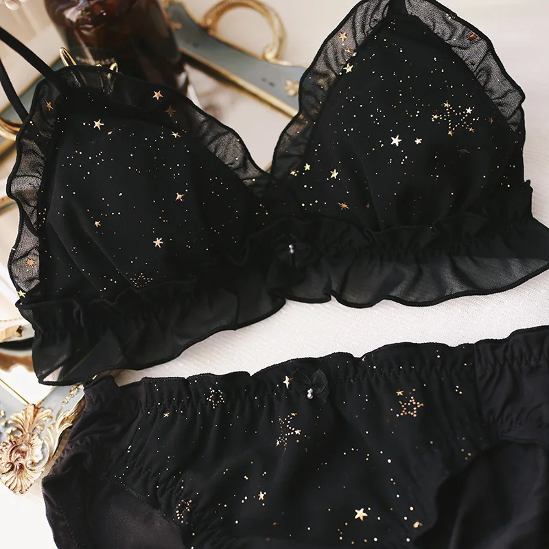 

Underwear Starry Women Bra Set Printing Full Lace Triangle Cup Wire Free Lovely Girl Intimates Sexy Bralette Panties Set