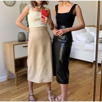 fashion pu leather patchwork women skirts high waist zipper female mid length skirt solid simple a line casual ladies bottoms
