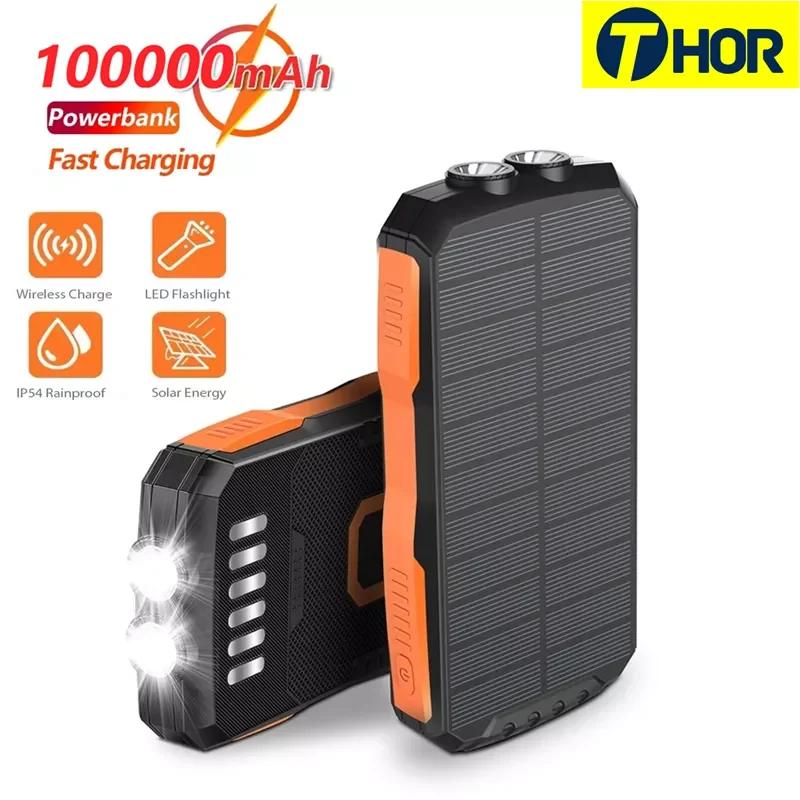 

NEW2023 Solar Power Bank 100000mAh Wireless Charger Powerbank For iPhone 2 USB Type C Ports Portable Charger External Battery Po