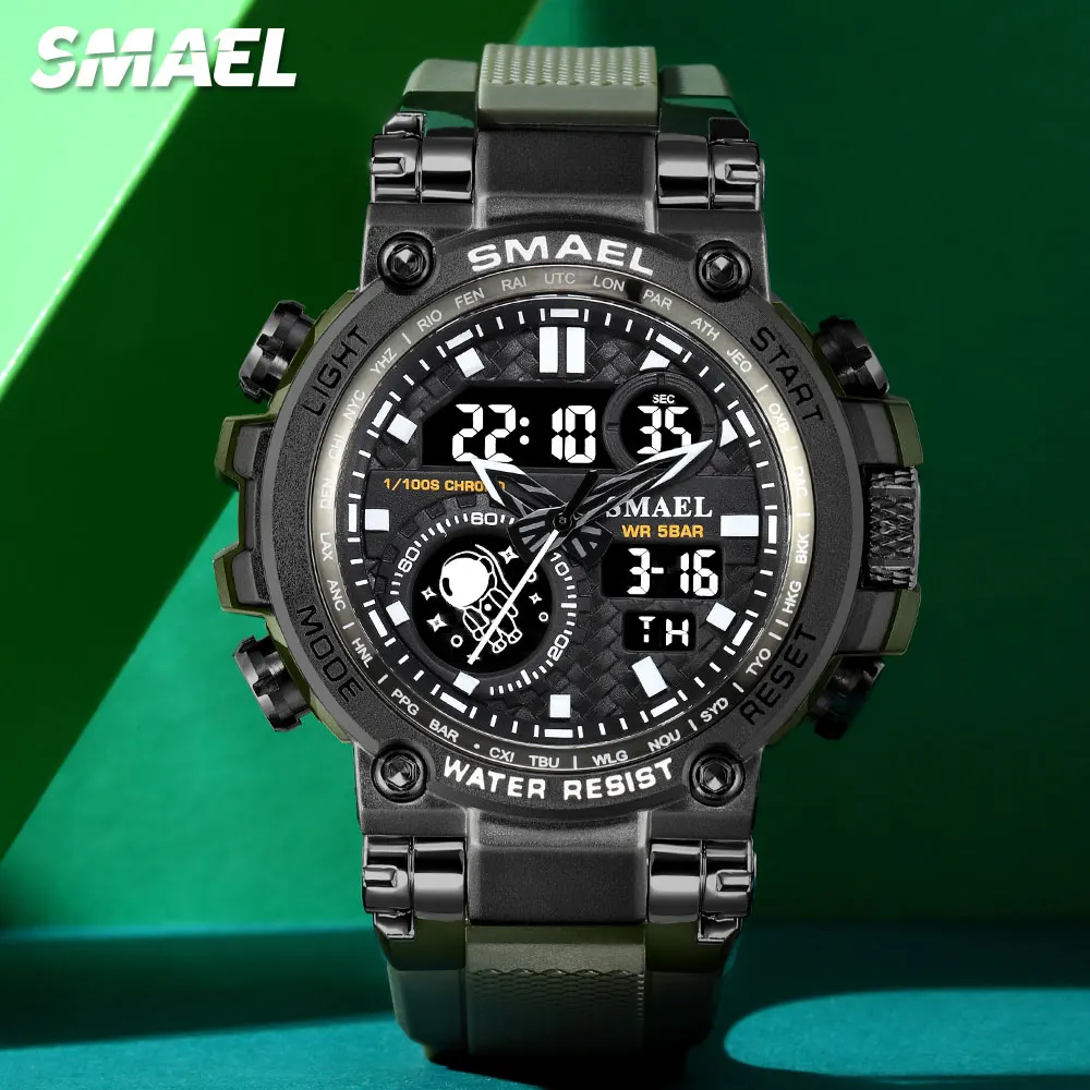 

SMAEL Sport Digital Watch Men Olive Green Dual Time Display Quartz Wristwatch with Chronograph Auto Date Week Alarm LED 1803B
