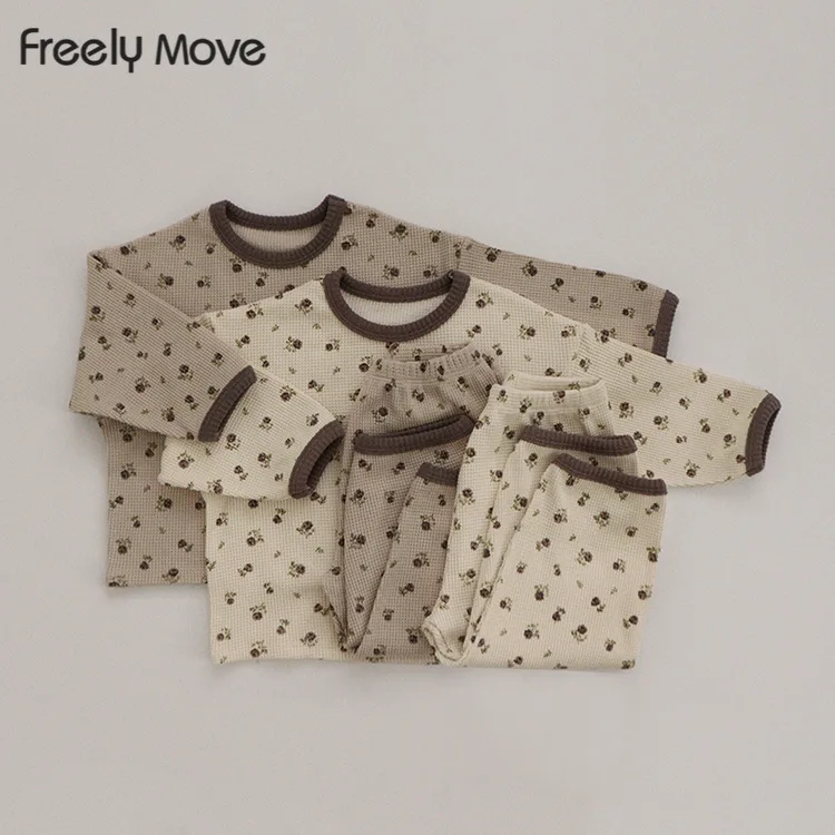 

Freely Move Infants Kids Baby Boys Girls Floral Pajama Sets Top Fall Trousers Waffle Long Sleeves Elastic Kids Sleep Clothes