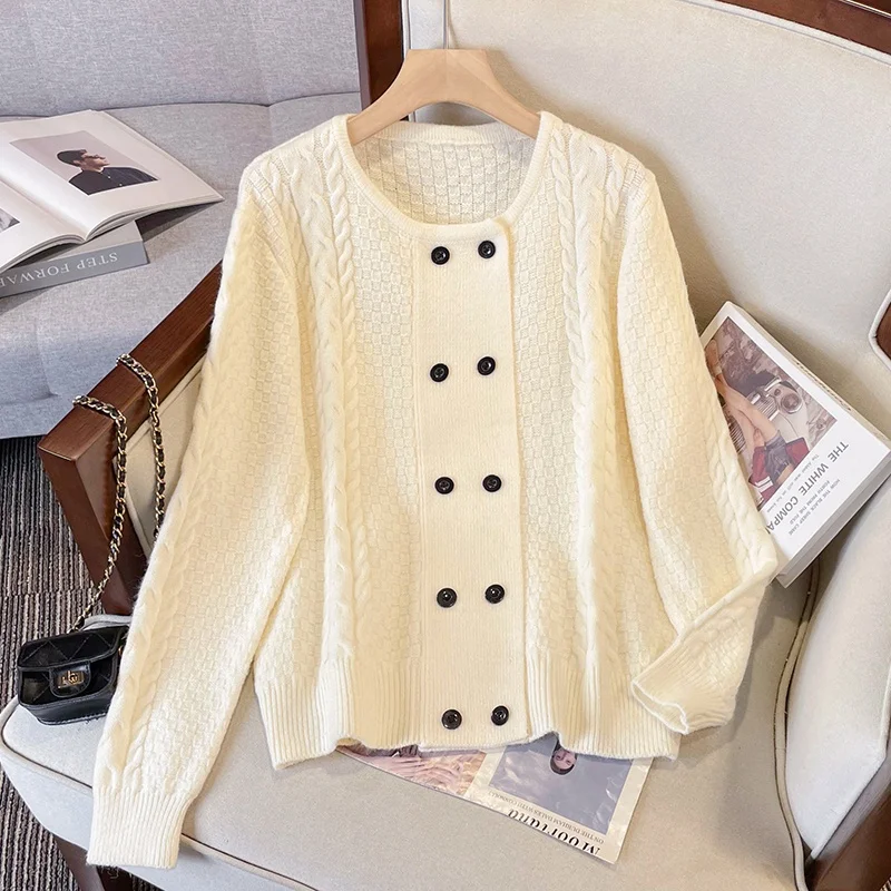 Женский пухлый двубортный вязаный кардиган стройнящая верхняя одежда осенняя и