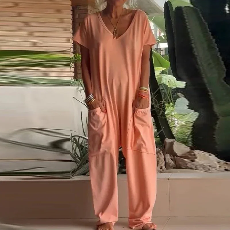 Женский комбинированный комбинезон из хлопка элегантный однотонный с короткими